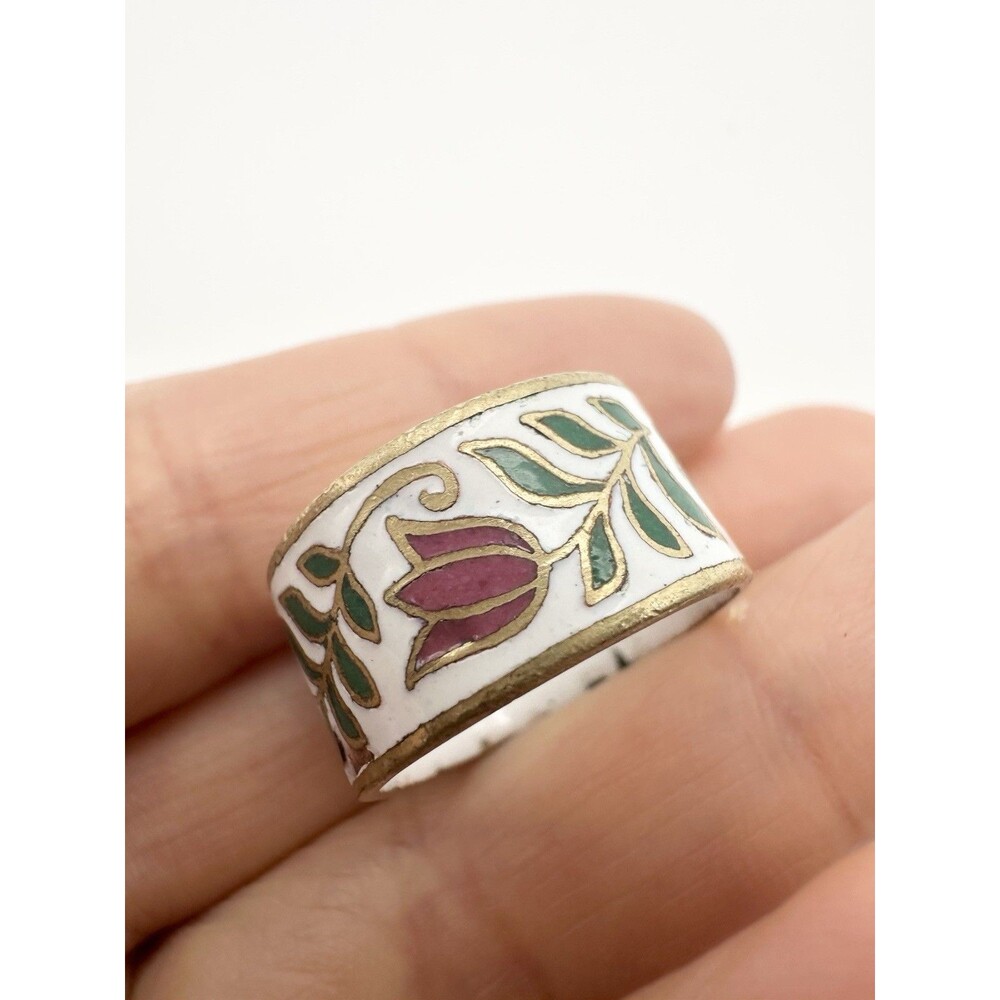 Vintage Signed Enamel Flower Band Ring Size 5.75